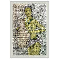 'By The River' - Signed Modern Painting of a Woman with a Pot from Ghana