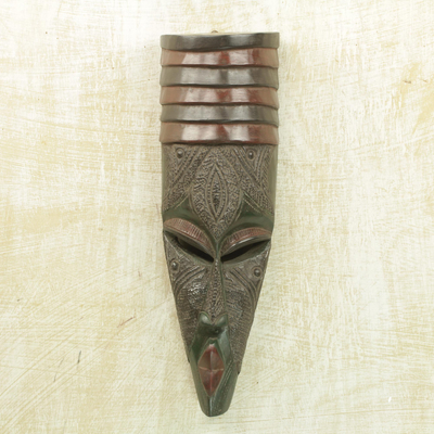African wood mask, 'Victorious' - Hand Carved West African Wood Wall Mask from Ghana