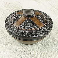 Wood decorative bowl, 'African Luxury' - Hand Carved Sese Wood Decorative Bowl and Lid from Ghana