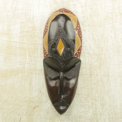 African wood mask, 'Yaovi Boy' - Handcrafted Wood and Aluminum African Mask from Ghana