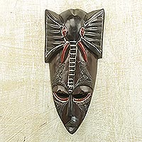 Máscara de madera africana, 'Elephant Mind' - Máscara de elefante africano de madera y aluminio Sese de Ghana