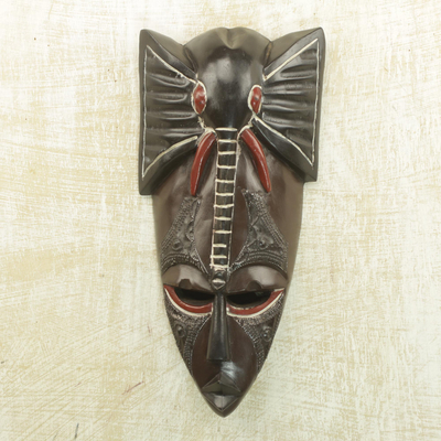 African wood mask, 'Elephant Mind' - Sese Wood and Aluminum African Elephant Mask from Ghana