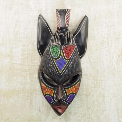 African beaded wood mask, 'Horned Bird' - Wood and Recycled Glass Bead African Bird Mask from Ghana