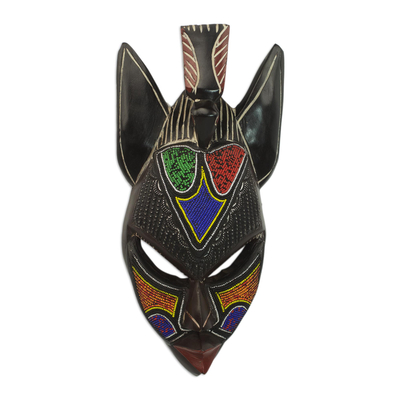 Afrikanische Perlenmaske aus Holz - Afrikanische Vogelmaske aus Holz und recycelten Glasperlen aus Ghana