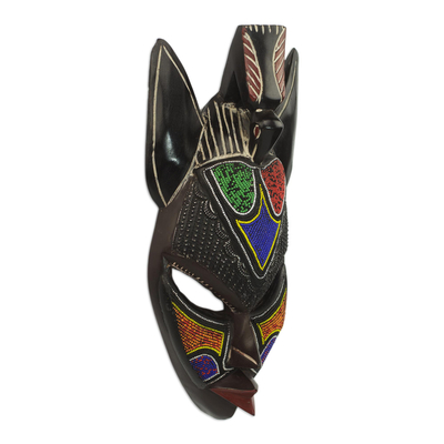 African beaded wood mask, 'Horned Bird' - Wood and Recycled Glass Bead African Bird Mask from Ghana