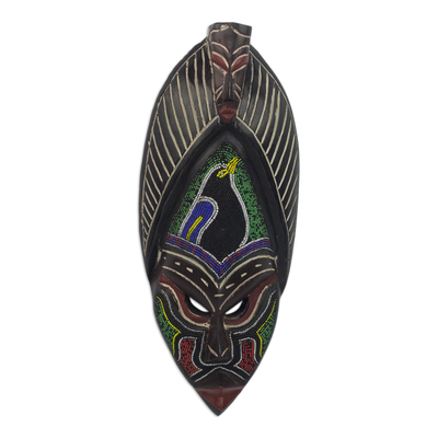 African beaded wood mask, 'Goziem Bird' - Wood and Recycled Glass Bead African Bird Mask from Ghana