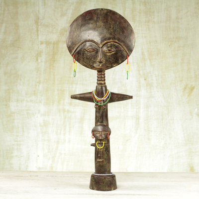 Wood fertility doll, 'Akosua with Child' - Wood and Recycled Glass Beaded Fertility Doll from Ghana