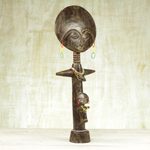 Wood fertility doll, 'Akosua with Child' - Wood and Recycled Glass Beaded Fertility Doll from Ghana