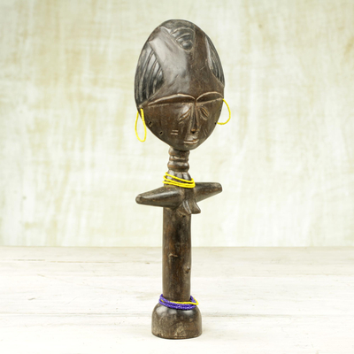 Wood fertility doll, 'Mansa Woman' - Wood and Recycled Glass Beaded Fertility Doll from Ghana