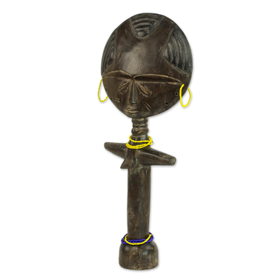 Wood fertility doll, 'Mansa Woman' - Wood and Recycled Glass Beaded Fertility Doll from Ghana