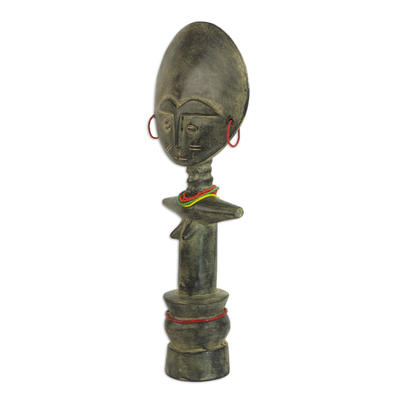 Wood fertility doll, 'Emerging from a Pot' - Wood and Recycled Glass Beaded Fertility Doll from Ghana