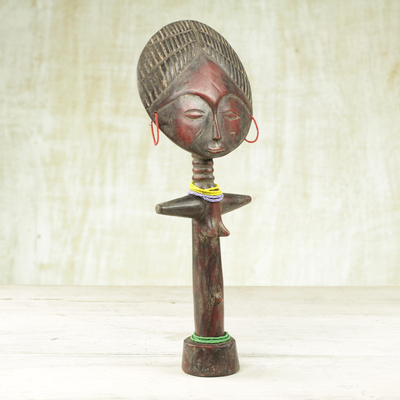 Wood statuette, 'Yaa Doll' - Handcrafted African Sese Wood Doll with Recycled Glass Beads