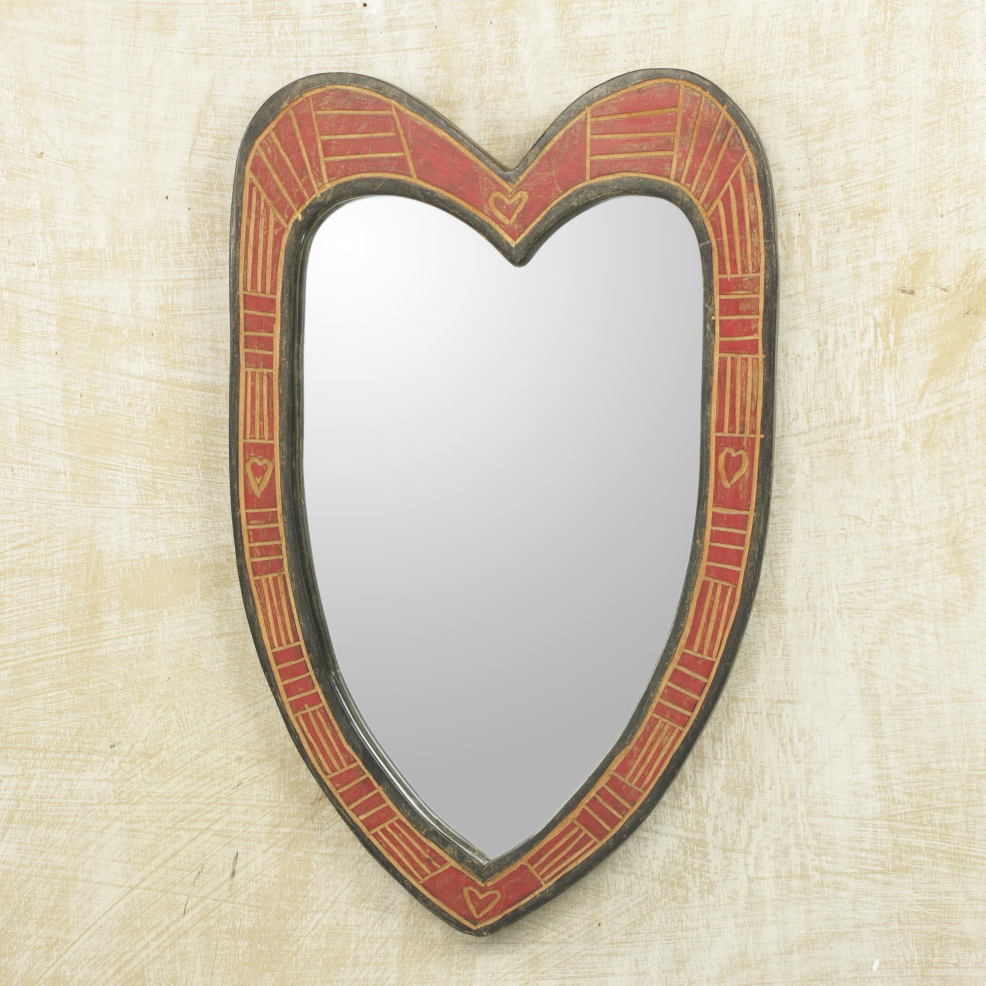 Handcrafted Wood Heart Shaped Wall Mirror From Ghana Texture Of Love