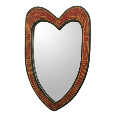 Wood wall mirror, 'Texture of Love' - Handcrafted Wood Heart-Shaped Wall Mirror from Ghana