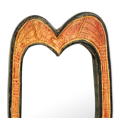 Wood wall mirror, 'Contours of Love' - Handcrafted Wood Heart-Shaped Wall Mirror from Ghana