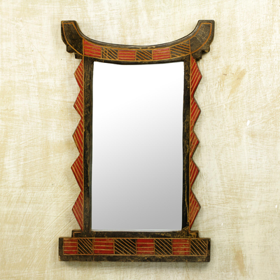 Espejo de pared de madera - Espejo de pared de madera hecho a mano en negro y rojo de Ghana