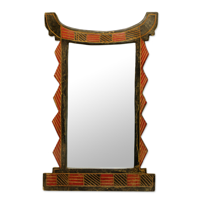 Wood wall mirror, 'Ghanaian Throne' - Handcrafted Wood Wall Mirror in Black and Red from Ghana