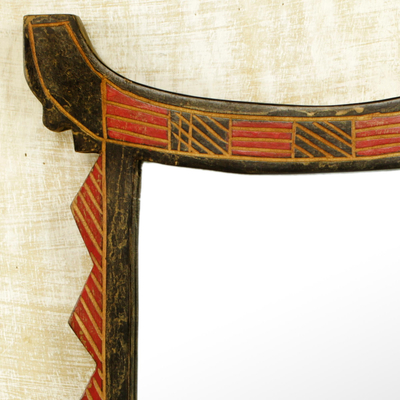 Wood wall mirror, 'Ghanaian Throne' - Handcrafted Wood Wall Mirror in Black and Red from Ghana