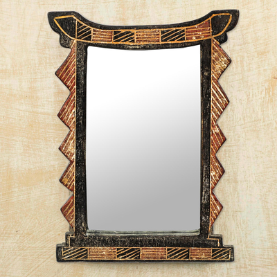 Wood wall mirror, 'Geometric Ghana' - Handcrafted Sese Wood Geometric Wall Mirror from Ghana