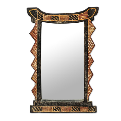 Handcrafted Sese Wood Geometric Wall Mirror from Ghana