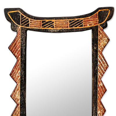 Espejo de pared de madera - Espejo de pared geométrico de madera de Sese hecho a mano de Ghana