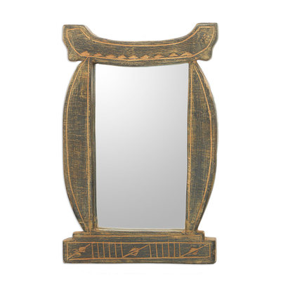 Wood wall mirror, 'Odo Hemaa Queen' - Handcrafted Antiqued Sese Wood Wall Mirror from Ghana