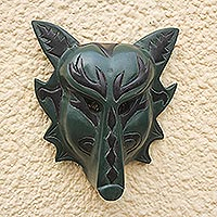 Wood mask, 'Forest Wolf' - Handcrafted Sese Wood Wolf Mask in Green from Ghana