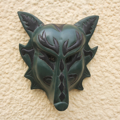 Wood mask, 'Forest Wolf' - Handcrafted Sese Wood Wolf Mask in Green from Ghana