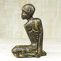 Wood sculpture, 'Resting Maasai' - Handcrafted Sese Wood Gold-Tone Sculpture from Ghana