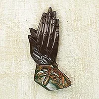 Wood wall sculpture, 'Let Us Pray' - Handcrafted Sese Wood Wall Sculpture of Hands from Ghana