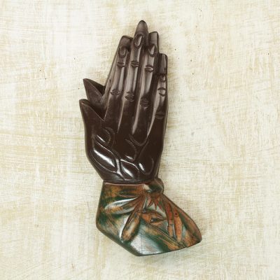 Wood wall sculpture, 'Let Us Pray' - Handcrafted Sese Wood Wall Sculpture of Hands from Ghana