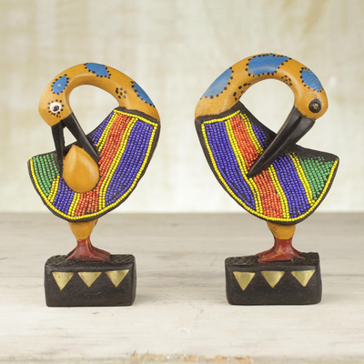 Esculturas de madera, (pareja) - Dos esculturas de pájaros Adinkra Sankofa en madera y vidrio reciclado