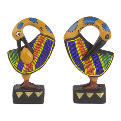 Wood sculptures, 'Colorful Sankofa' (pair) - Two Wood and Recycled Glass Adinkra Sankofa Bird Sculptures