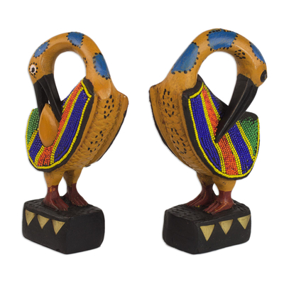 Holzskulpturen, (Paar) - Zwei Adinkra Sankofa-Vogelskulpturen aus Holz und recyceltem Glas