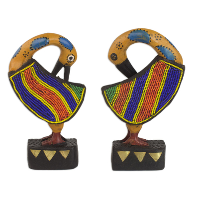 Esculturas de madera, (pareja) - Dos esculturas de pájaros Adinkra Sankofa en madera y vidrio reciclado
