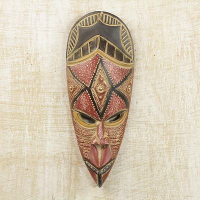 Afrikanische Holzmaske, 'Dankbarer Bongani - Handgefertigte afrikanische Maske aus Sese Holz und Messing aus Ghana