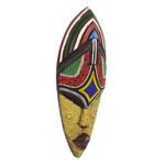 African beaded wood mask, 'Giving Siphesihle' - Wood Recycled Glass and Brass African Mask from Ghana
