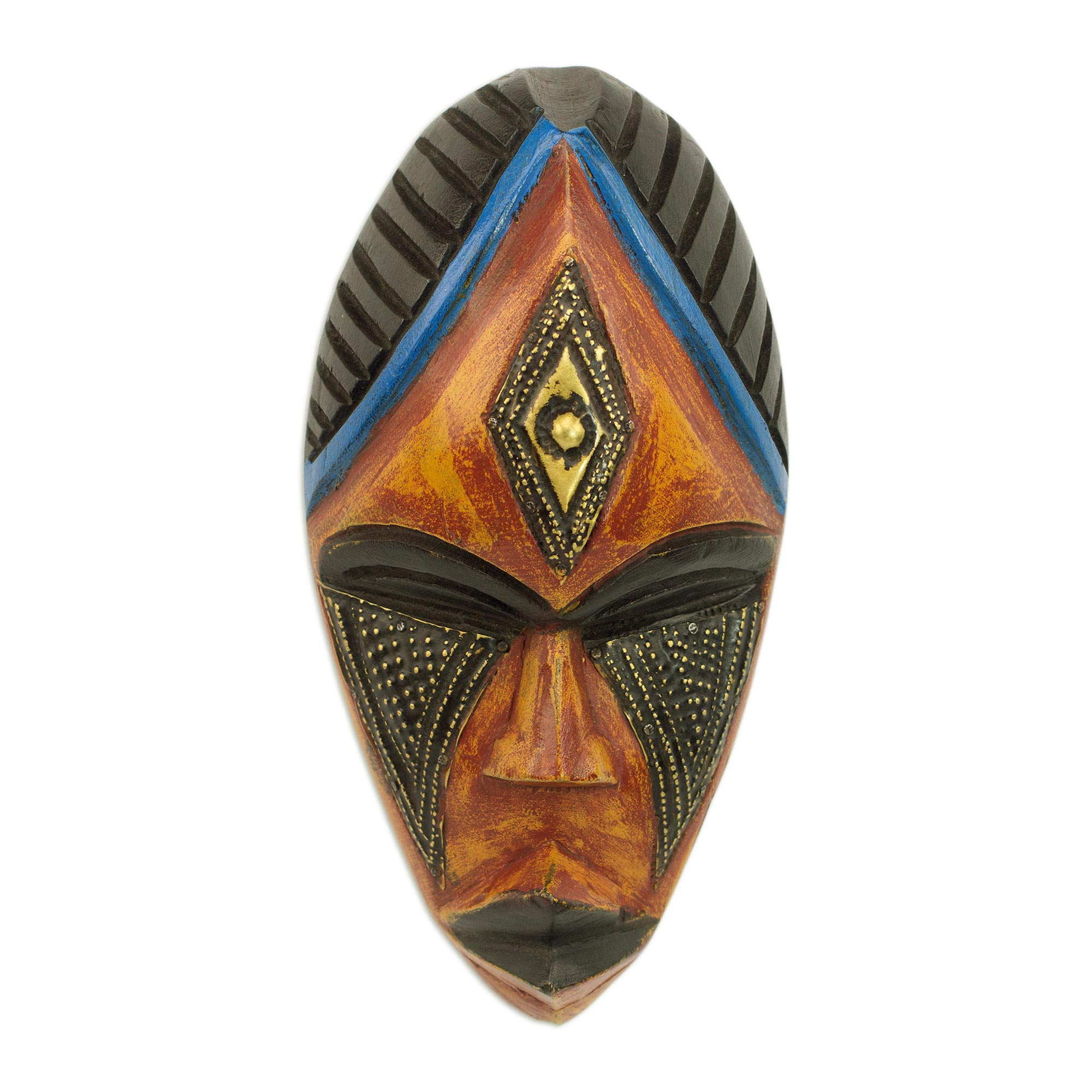 Unicef Market Hand Carved African Sese Wood Mask With Brass Plate Jabu