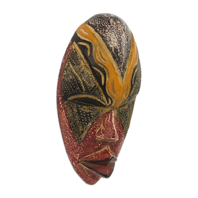 African wood mask, 'Stunning Amahle' - Colorful Sese Wood and Brass African Mask from Ghana