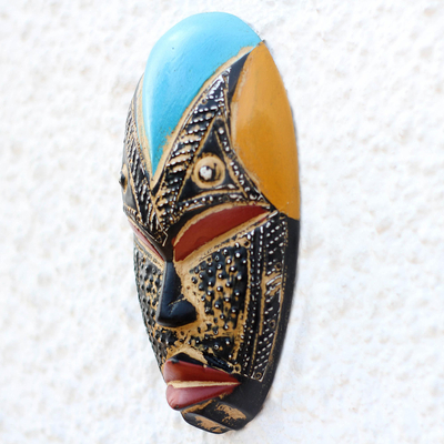 African wood mask, 'Bheka' - Hand Carved West African Wood Mask with Aluminum Accents
