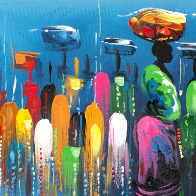 „Dorf-Handelsplatz I“. - Impressionistische Malerei von Menschen auf einem Markt aus Ghana