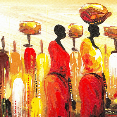 „Niemandsland I“ – Impressionistisches Gemälde von Menschen auf einem Markt aus Ghana