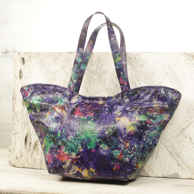 Tie-dyed leather shoulder bag, 'Colorful Cosmos' - Handcrafted Tie-Dyed Leather Shoulder Bag from Ghana