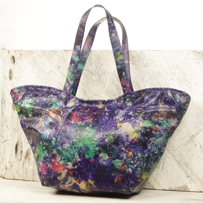 Tie-dyed leather shoulder bag, 'Colorful Cosmos' - Handcrafted Tie-Dyed Leather Shoulder Bag from Ghana