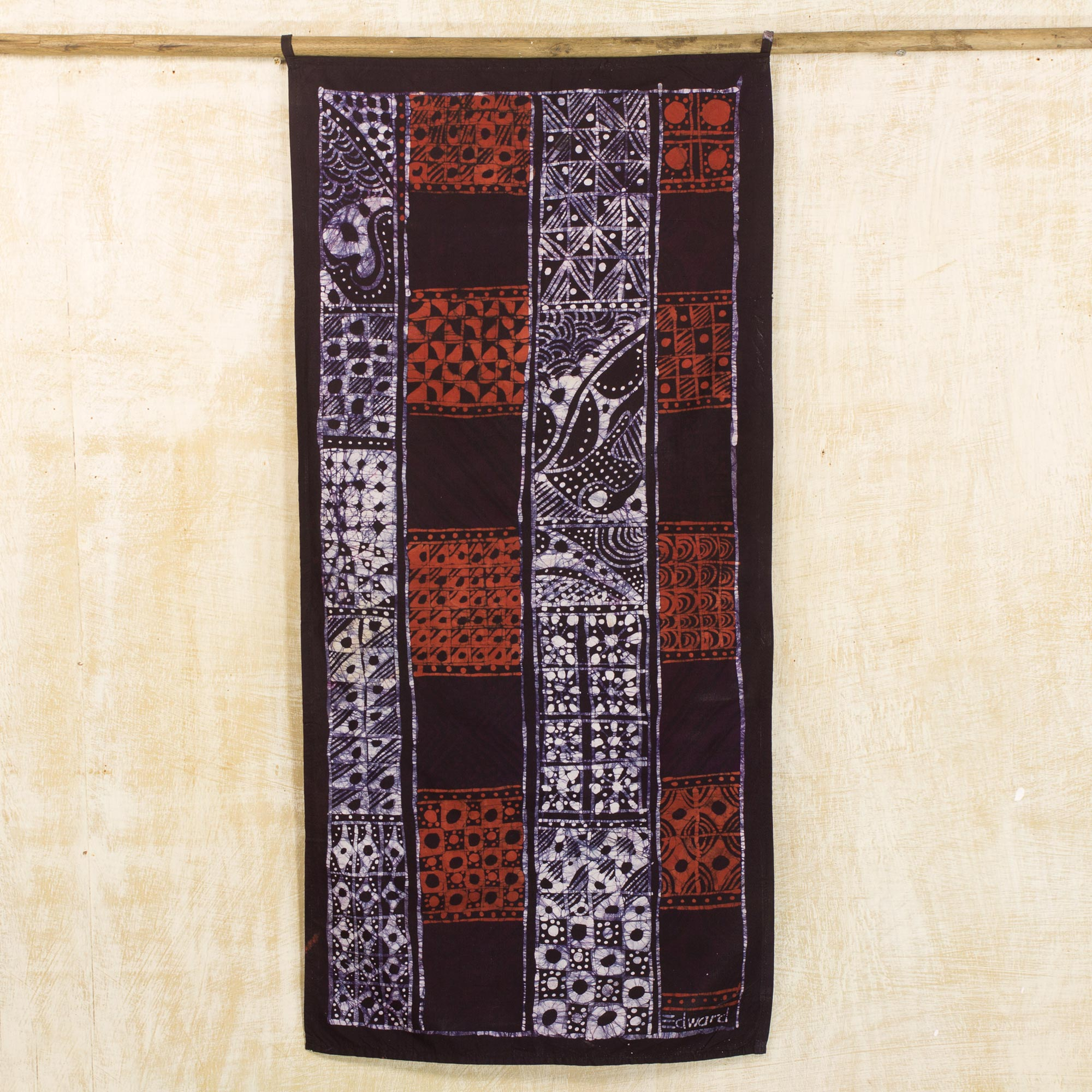 Batik Cotton Wall Hanging In Black White And Red From Ghana