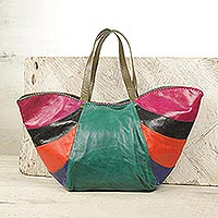 Leather shoulder bag, 'African Rainbow' - Handcrafted Colorful Leather Tote Handbag from Ghana