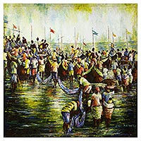 'Fishing Folks I' - Signed Impressionist Painting of Fishermen from Ghana