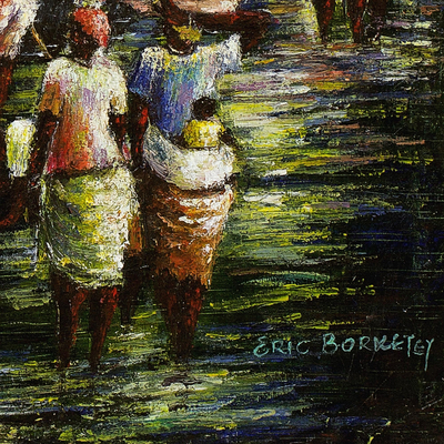 'Fishing Folks I' - Pintura impresionista firmada de pescadores de Ghana