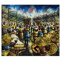 'Mercado en colores' (2001) - Pintura impresionista firmada de una escena de mercado de Ghana