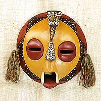 Handcrafted Yellow Sese Wood Wall Mask from Ghana,'Calm One'